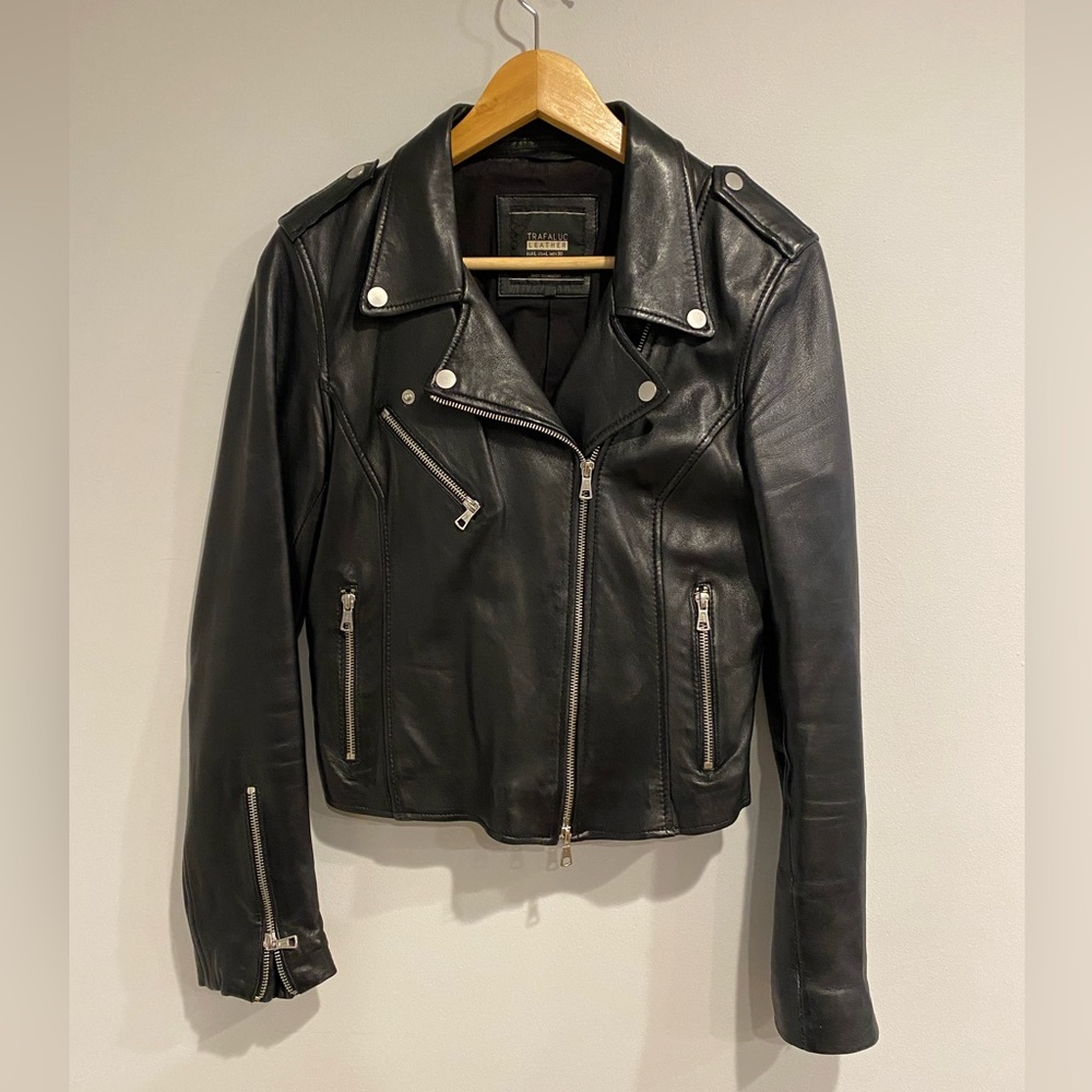 Zara Trafaluc Black Leather Motorcycle Jacket Large Moto Jacket